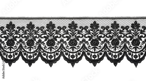 Black lace trim border floral scrollwork design isolated on transparent background