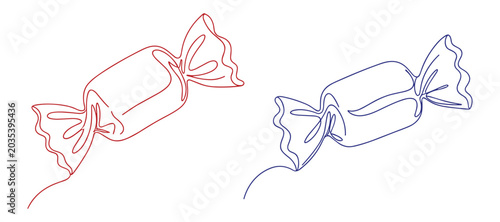 Minimalist continuous line art of candy wrappers in red and blue colors showing simplicity.