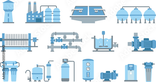 Water treatment equipment vector illustration featuring industrial filtration, pumps, tanks, and piping systems in modern blue engineering design