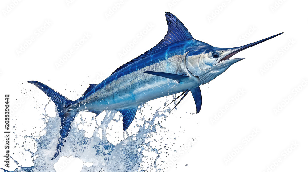 Fototapeta premium Striking blue marlin leaping from ocean waves isolated on transparent background