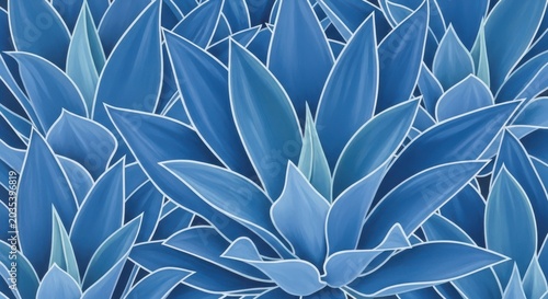 A vibrant blue succulent plant with sharp pointed leaves densely packed together in a visually strik