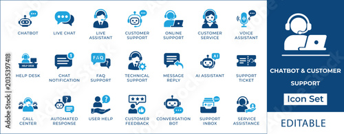 Картината върху платно Chatbot and customer support icon set featuring automated virtual assistant, AI customer service agents, FAQ messaging, live helpdesk communication, and user feedback symbols