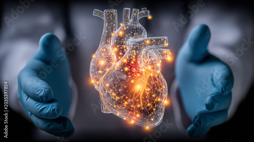 A digital human heart held by medical hands representing advanced cardiac diagnosis, health monitoring, and future medical care innovation.
