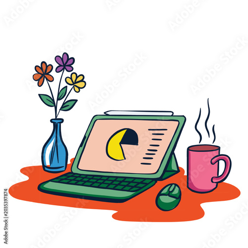 **Cozy Digital Workspace with Tablet, Coffee Cup and Flowers Cartoon Illustration**
