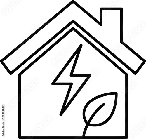 Eco house icon with lightning bolt and leaf for renewable energy and sustainability.