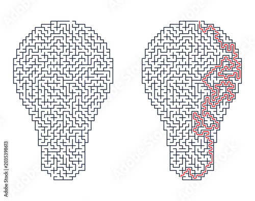 Labyrinth puzzle in shape of light bulb with red solution line. Vector maze game for print. Entertainment and leisure activities, finding way challenge