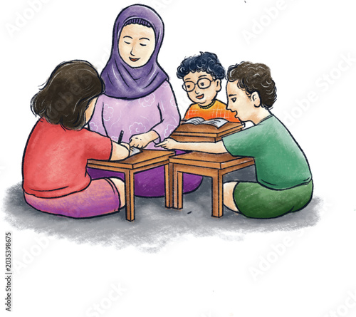 Teacher Teaching Children in Small Study Group Cartoon Illustration
