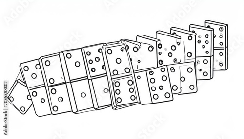 Black Outline Domino Tiles Arranged in Falling Chain on White Background