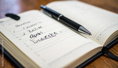 Black Pen Resting on Open Handwritten Planner on Wooden Desk