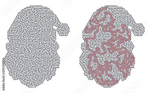 Labyrinth puzzle in shape of Santa in christmas hat with red solution line. Vector maze game for print. Entertainment and leisure activities, finding way challenge