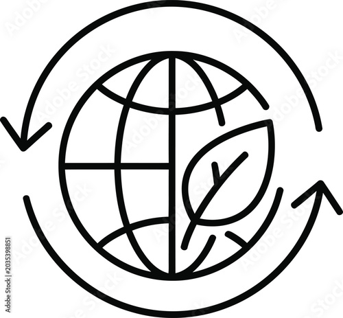 Globe with leaf inside arrows showing environmental sustainability cycle.