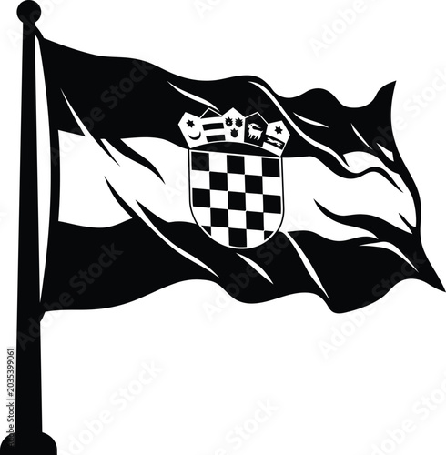 Black and white illustration of a croatian flag waving on a flagpole with coat of arms independence day national