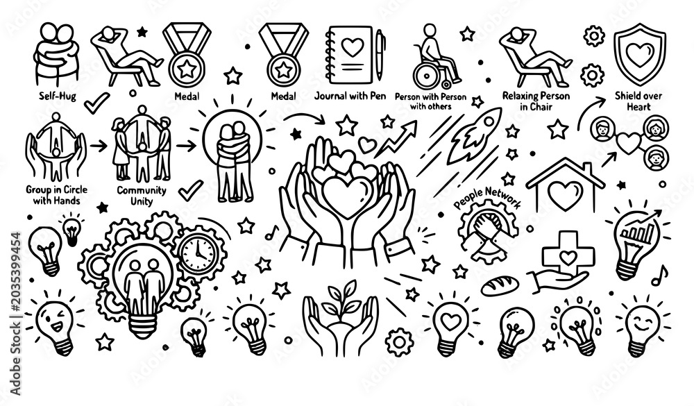 Obraz premium Minimal Black and White Line Art Icons with Heart Hands Smile and Gift Box Vector Illustration
