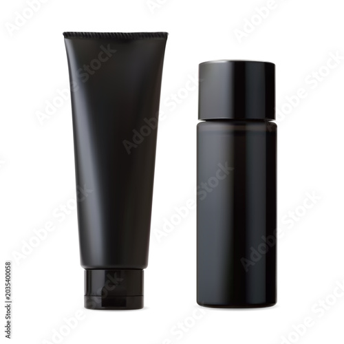 Minimalist black matte men cosmetic set with squeeze tube and spray bottle isolated on white background. Premium masculine grooming products packaging design for skincare and personal care