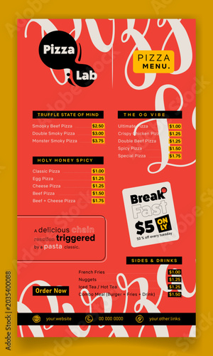 Pizza food menu template with simple typography background in orange design