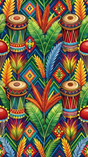 Colorful Traditional Hand Drum Pattern with Feathers and Geometric Designs
