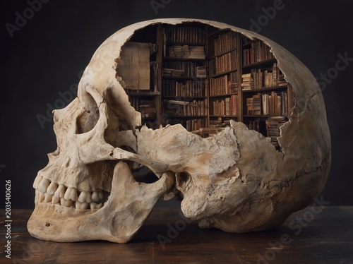 Intricate library within an antique human skull