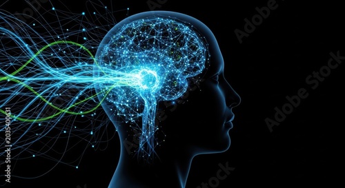 Human brain network illustration with glowing neural connections and digital data streams