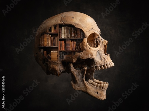 Human skull revealing a library of old books inside