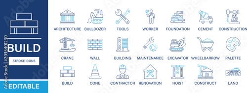 Build outline icon set. Containing construction, architecture, tools, renovation, and more. Editable stroke. Vector illustration.