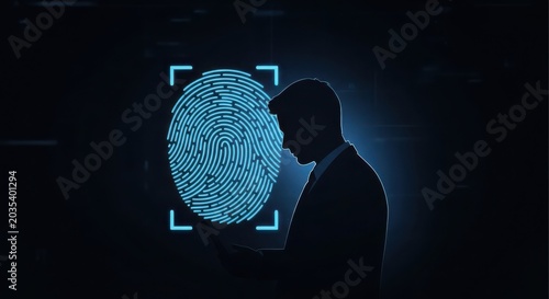Biometric security concept silhouette of a man examining a glowing fingerprint scan