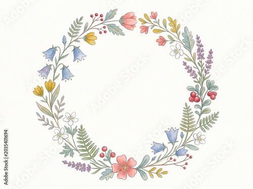 Nordic Style Colorful Flower Wreath Frame Watercolor Illustration
