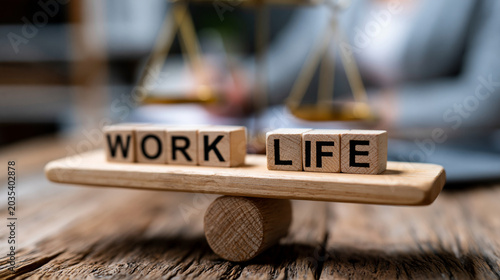 Wooden blocks spelling work and life on a balance scale. Concept of work-life balance and finding harmony between pro duties and personal activities. Soft Colours Photorealism