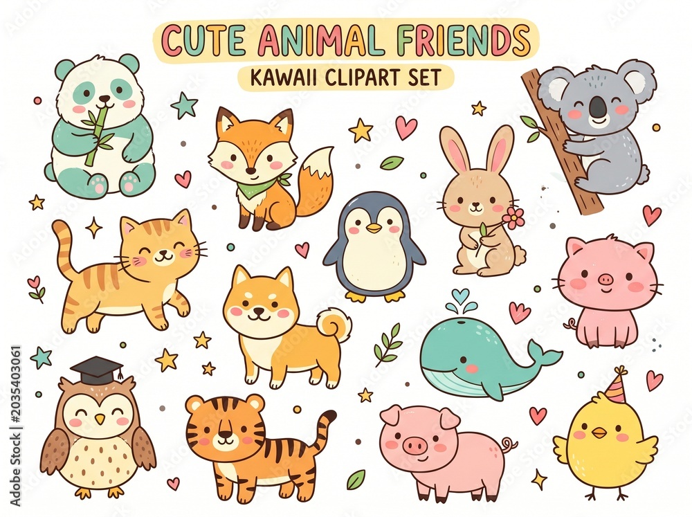 Fototapeta premium Hand-Drawn Illustration Collection of Cute Animals and Nature