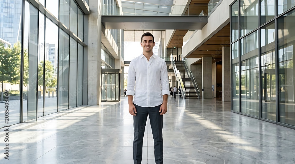 Fototapeta premium Confident Young Businessman Standing in a Modern Office Lobby