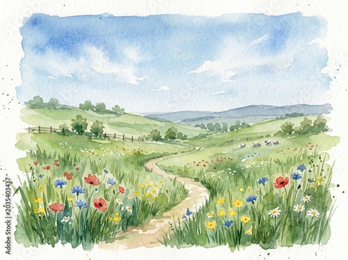 Hand-Drawn Watercolor Illustration of a Meadow with Wildflowers
