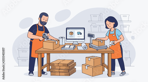 Illustration of two workers packing boxes at a table in a warehouse with a computer.