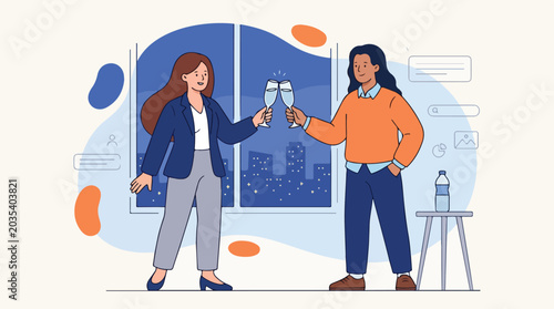 Two young women collaborating and toasting with coffee cups in a modern office setting.
