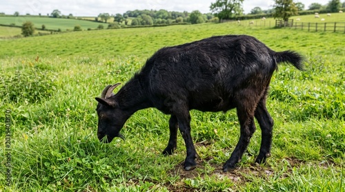 Schilderij op canvas Potrait of a black goat eating grass