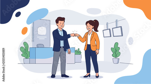 Illustration of a man and woman shaking hands in a modern office interior with colorful accents.