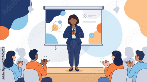 A professional woman presenting to a group of people in a meeting with a projector screen.