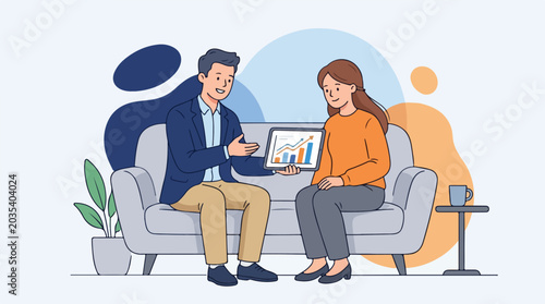 Illustration of a man and woman sitting on a couch discussing a laptop with a graph on the screen in a modern living