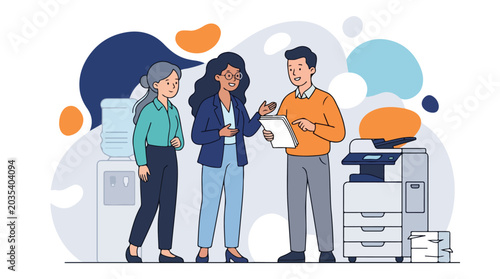 Illustration of three office workers discussing documents in a modern workspace with office equipment.