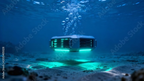 Futuristic Underwater Data Center Server Unit Emitting Glowing Green Light and Air Bubbles on the Ocean Floor for Tech Innovation