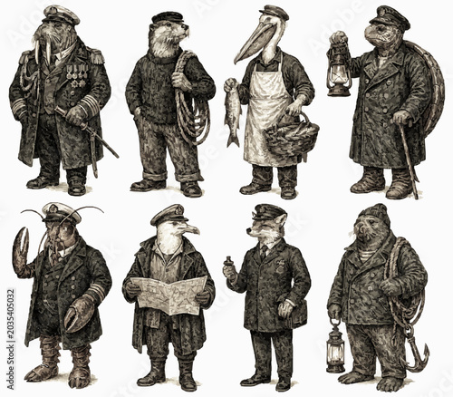 Premium Edwardian Nautical Animal Crew Pack with Eight Full Body Animal People, Antique Engraving Style, Period Costumes, Detailed Accessories, Sepia Line Art and Commercial Storybook Design