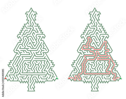 Maze puzzle in shape of green christmas tree with red solution line. Vector labyrinth game for print with holiday season symbol. Entertainment and leisure activities for kids and adults, winter break
