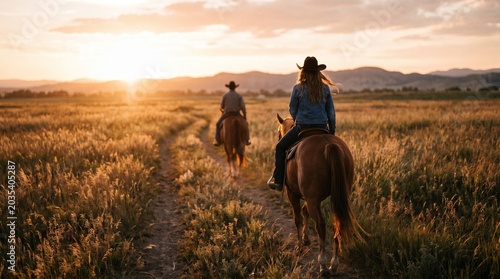 Person on horseback during sunset in a field, cowboy and cowgirl silhouette against a sunset feelings of freedom and nature connection.