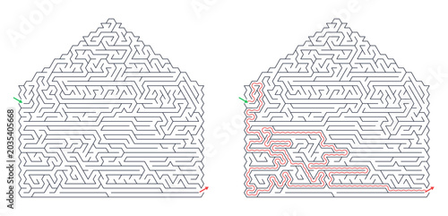 Maze puzzle in shape of house with red solution line. Vector labyrinth game for print with start and finish arrows. Entertainment and leisure activity