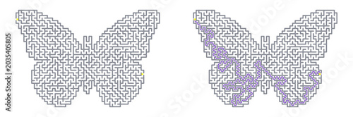 Labyrinth puzzle in shape of butterfly with purple solution line and yellow start and finish dots. Vector maze for print. Entertainment and leisure activities, finding way challenge game