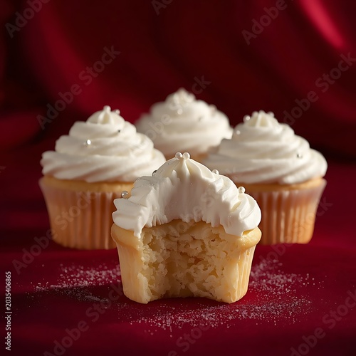 Cinematic composition of elegant vanilla cupcakes with white swirl frosting and silver sprinkles on a rich red velvet background, featuring a bitten cupcake in the foreground.