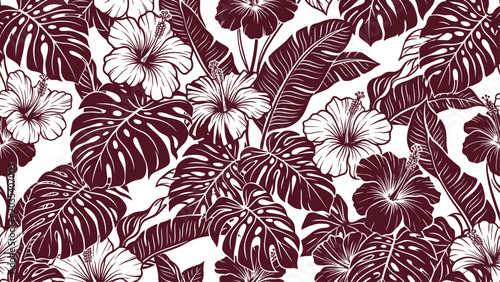 Seamless tropical pattern with burgundy monstera leaves and hibiscus flowers on a white background. Vector exotic foliage backdrop.