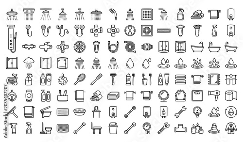 Slika na platnu 80 modern shower line icons with editable bathroom water spray vector design