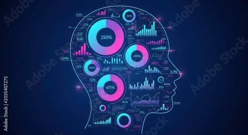 Infographic human head with data visualization and statistics