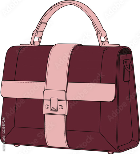 Vector fashion illustration of an elegant burgundy top handle satchel handbag with a light pink lock strap design