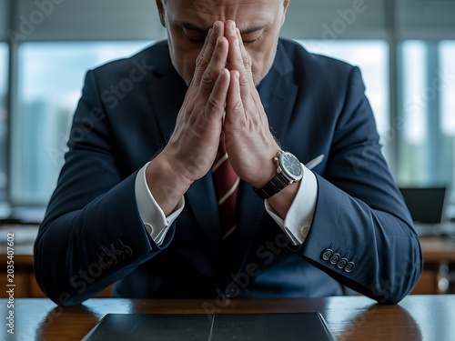 Businessman in blue suit sitting at office desk with hands clasped together in prayer