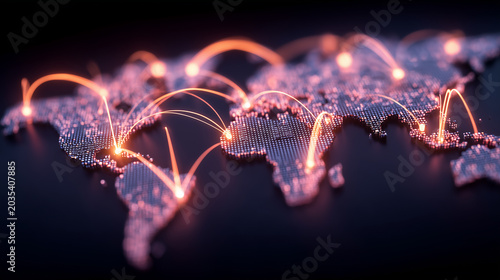 A glowing world map connects regions with arched light paths, symbolizing global communication, data exchange, and digital networks.
